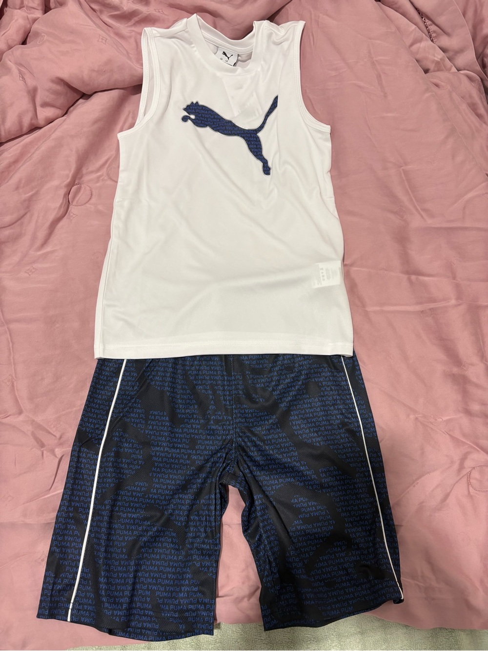 Puma White Tank Top with Navy Logo and Navy Patterned Athletic Shorts